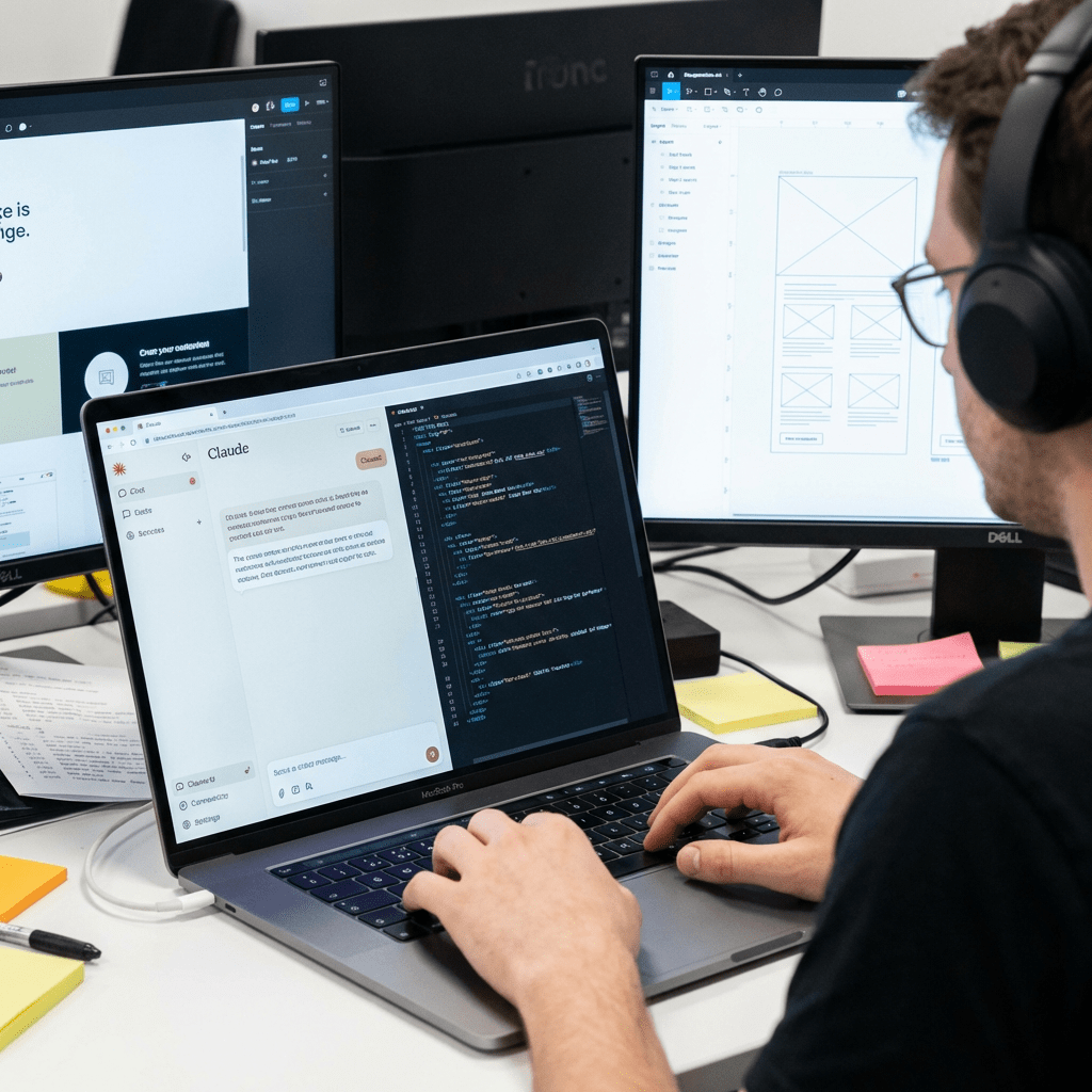 Developer working on a laptop with an AI interface and code displayed next to monitors.
