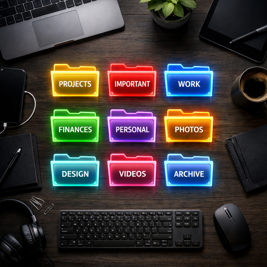 Nine neon folders labeled Projects, Important, Work, Finances, Personal, Photos, Design, Videos, Archive